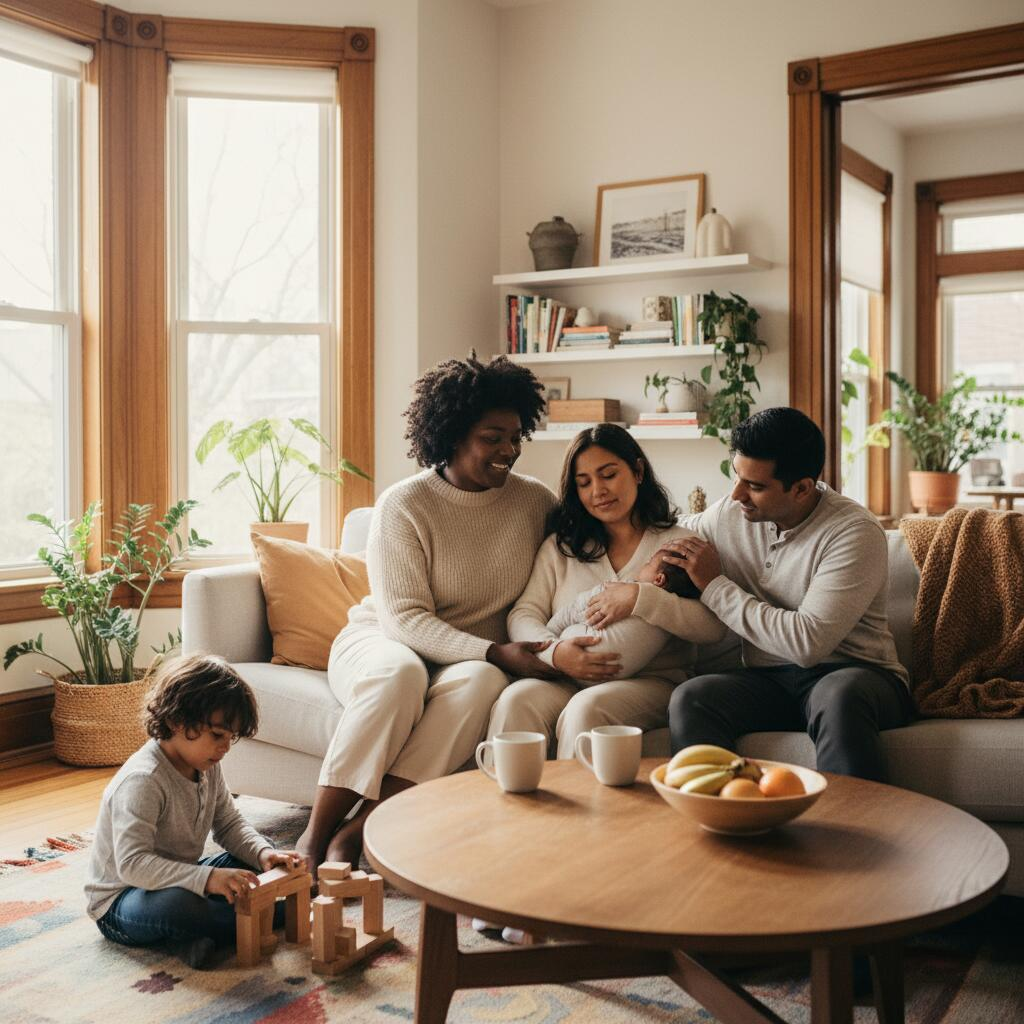 Postpartum doula demonstrating newborn care technique with new mother in Chicago apartment