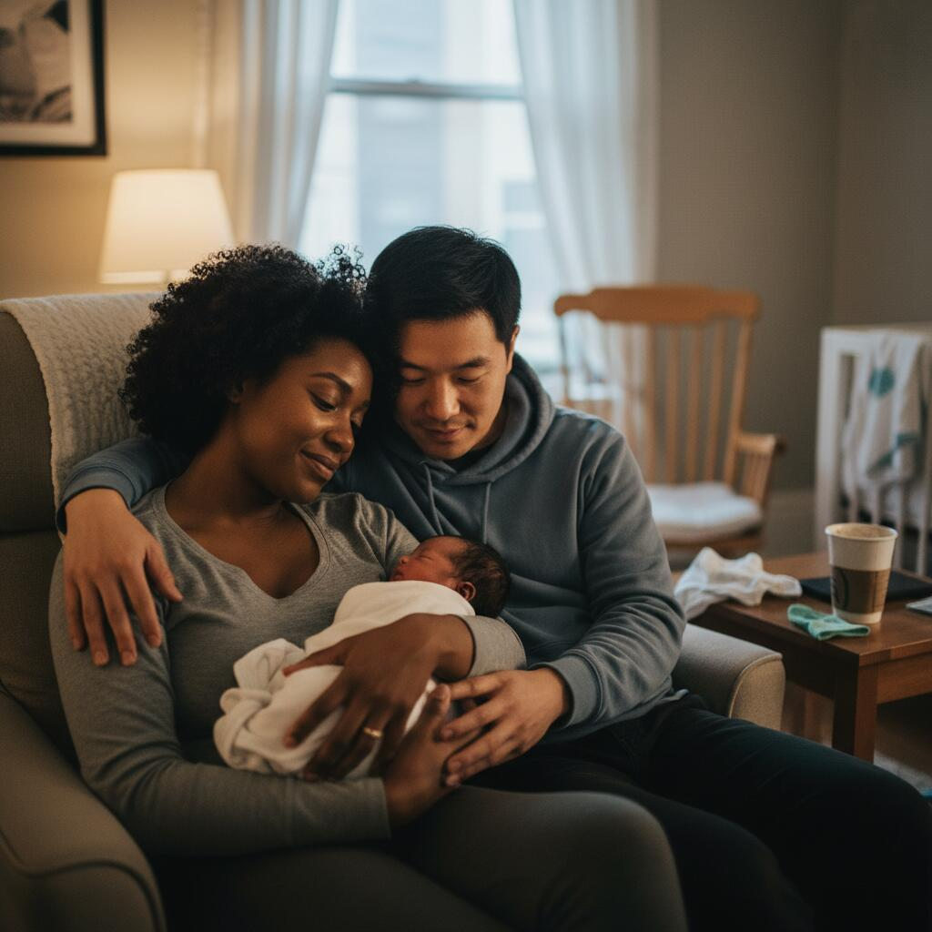 Newborn care specialist gently holding sleeping baby during overnight care in Chicago nursery