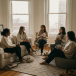 Small group of mothers in a supportive circle during a postpartum depression support group in a Chicago home