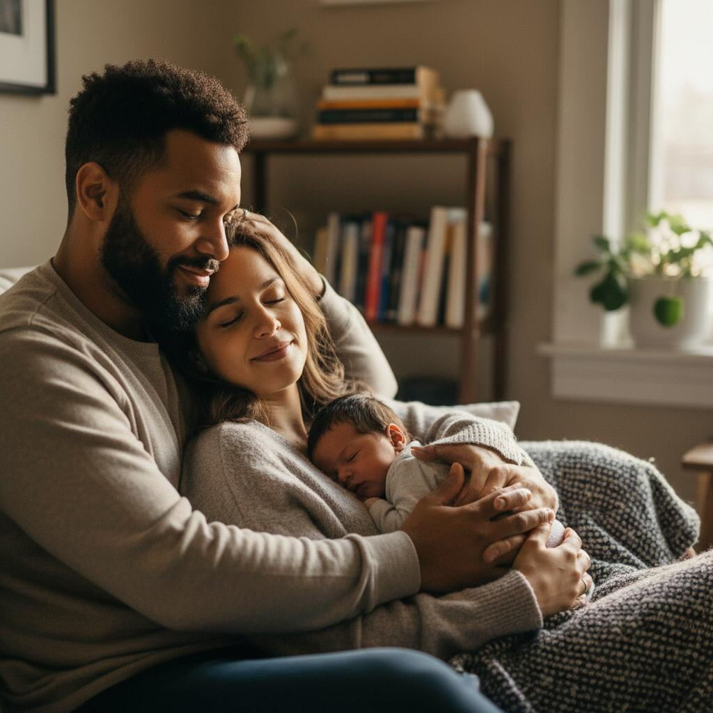 Small group of mothers in a supportive circle during a postpartum depression support group in a Chicago home