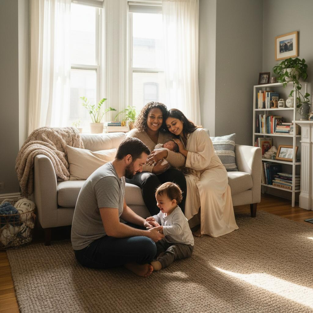 Small group of mothers in a supportive circle during a postpartum depression support group in a Chicago home