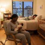 Overnight doula holding newborn in Chicago home while mother sleeps peacefully in bedroom