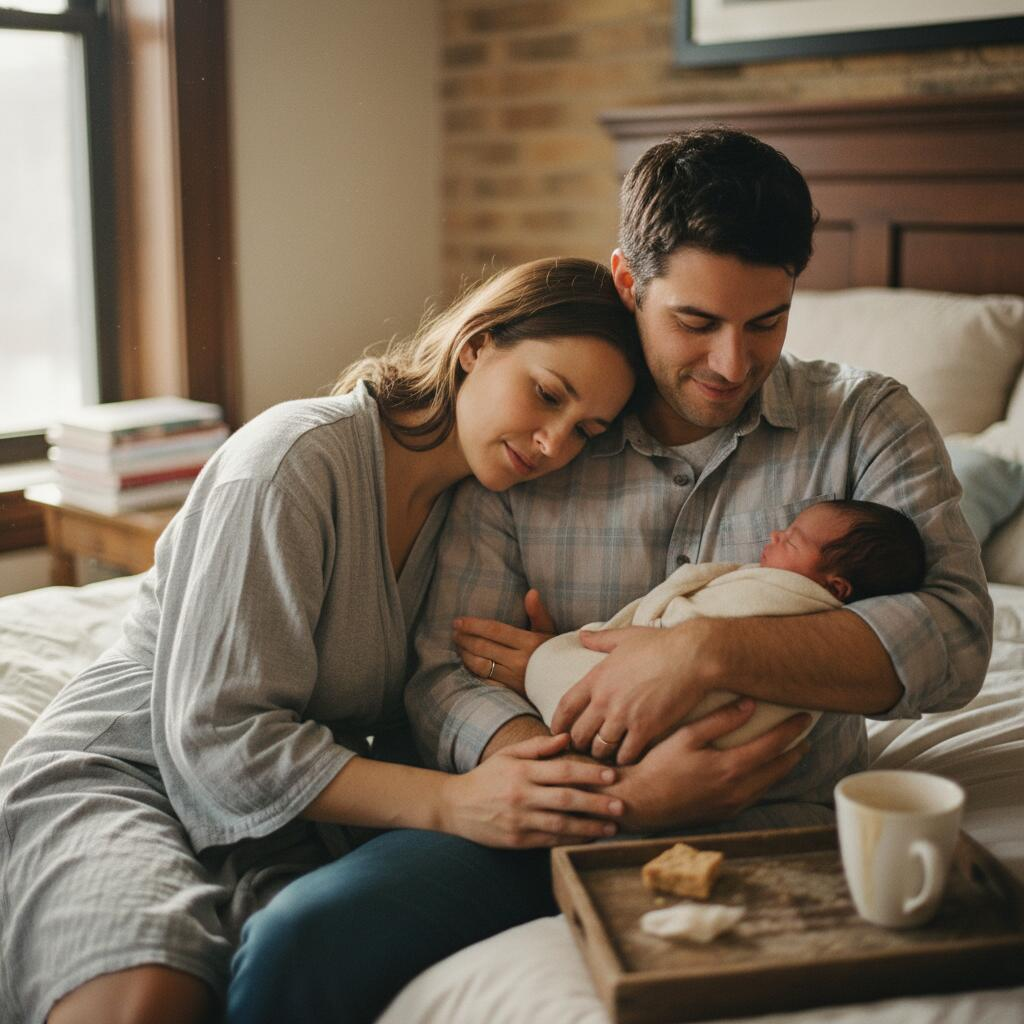 Overnight doula holding newborn in Chicago home while mother sleeps peacefully in bedroom