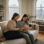Doula providing supportive postpartum care to new mother holding newborn in Chicago apartment