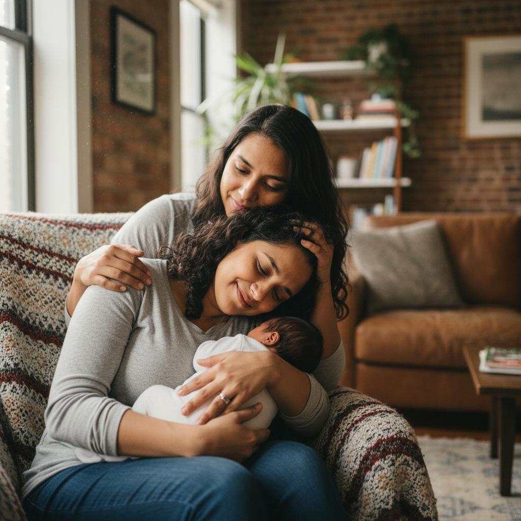 Doula providing supportive postpartum care to new mother holding newborn in Chicago apartment