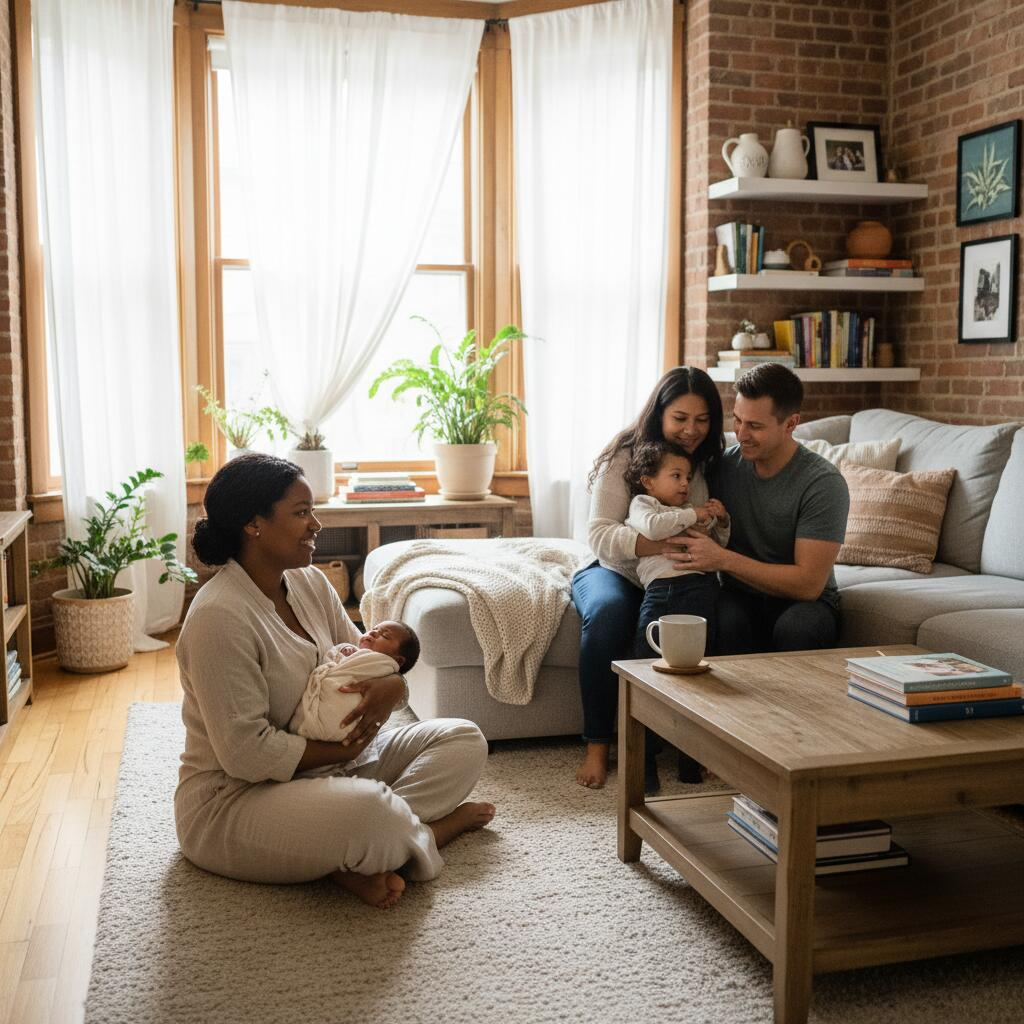 Doula providing supportive postpartum care to new mother holding newborn in Chicago apartment