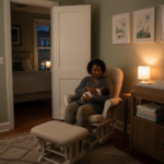 Overnight doula holding newborn baby in softly lit Chicago apartment nursery at night while parents sleep