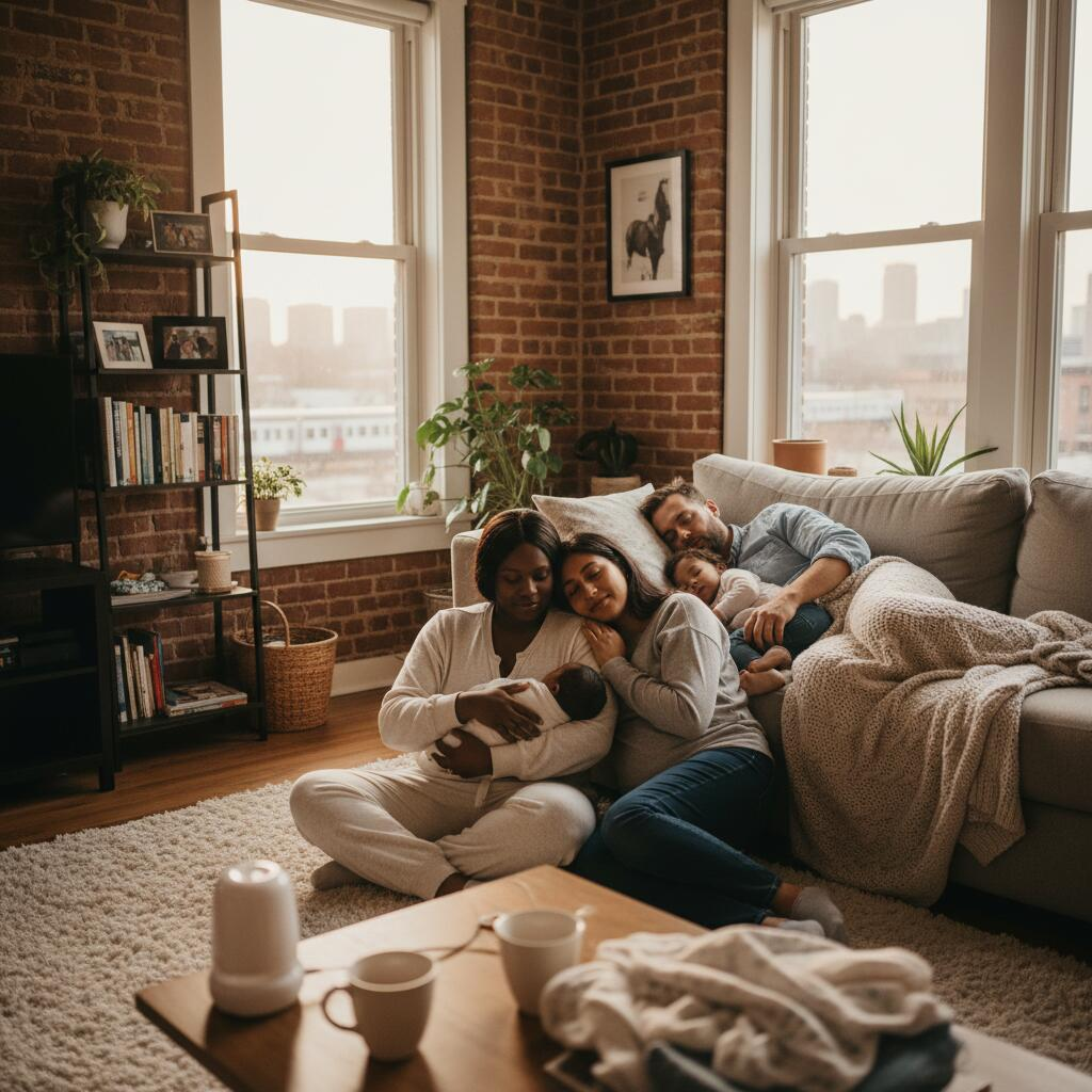 Overnight doula holding newborn baby in softly lit Chicago apartment nursery at night while parents sleep