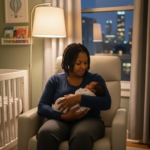 Night doula gently caring for newborn during overnight shift in Chicago family's nursery