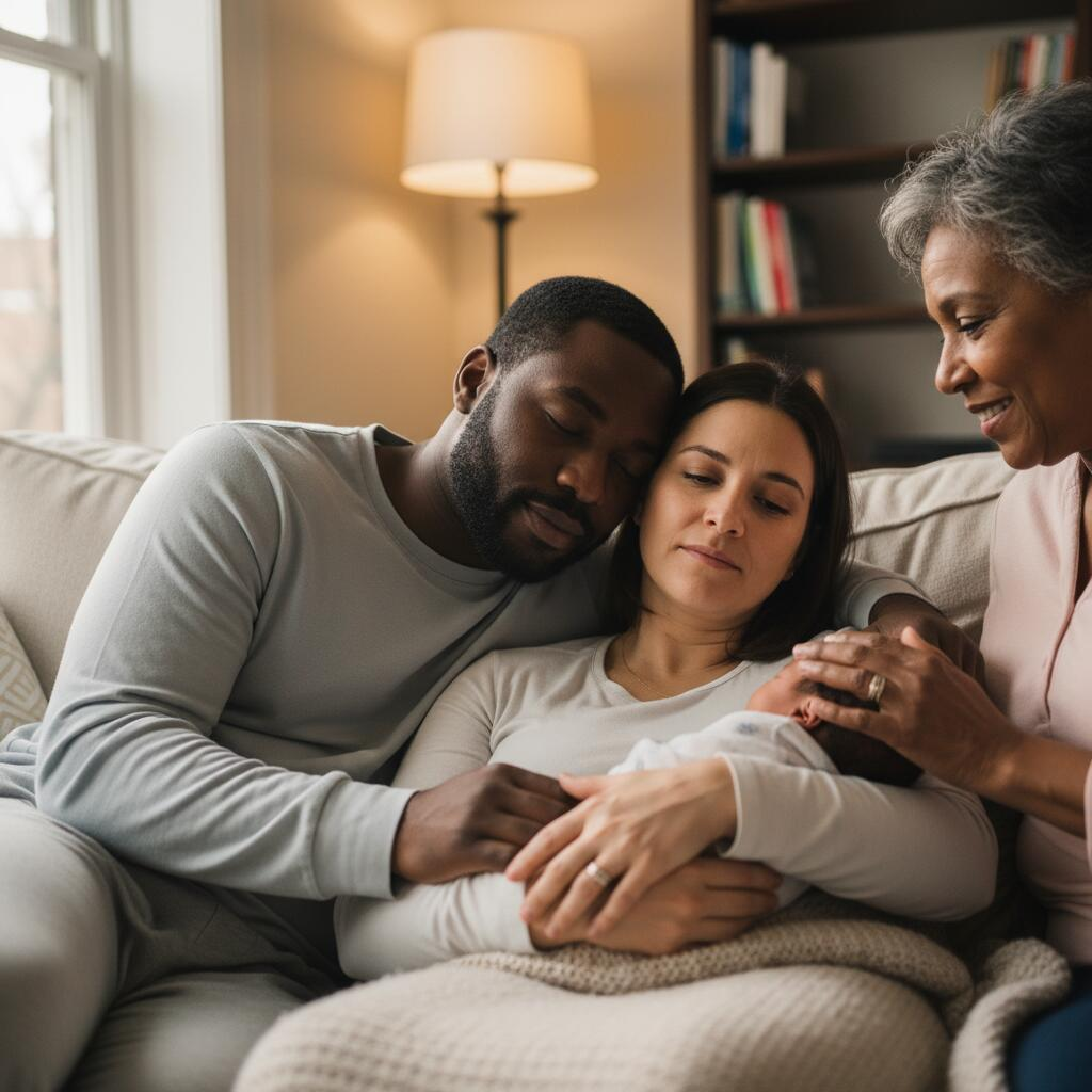 Night doula gently caring for newborn during overnight shift in Chicago family's nursery