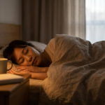 Chicago mother sleeping peacefully at night while nighttime doula cares for newborn baby in background