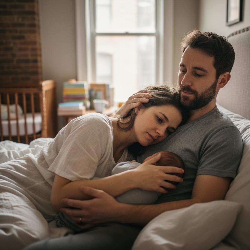 Chicago mother sleeping peacefully at night while nighttime doula cares for newborn baby in background