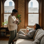 Postpartum doula providing newborn care support to a new mother in a Chicago apartment