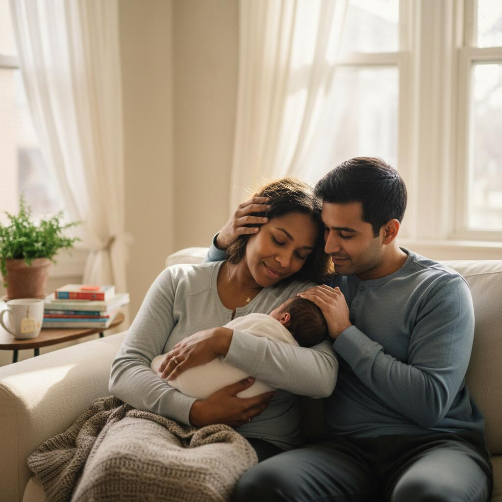 Postpartum doula providing newborn care support to a new mother in a Chicago apartment