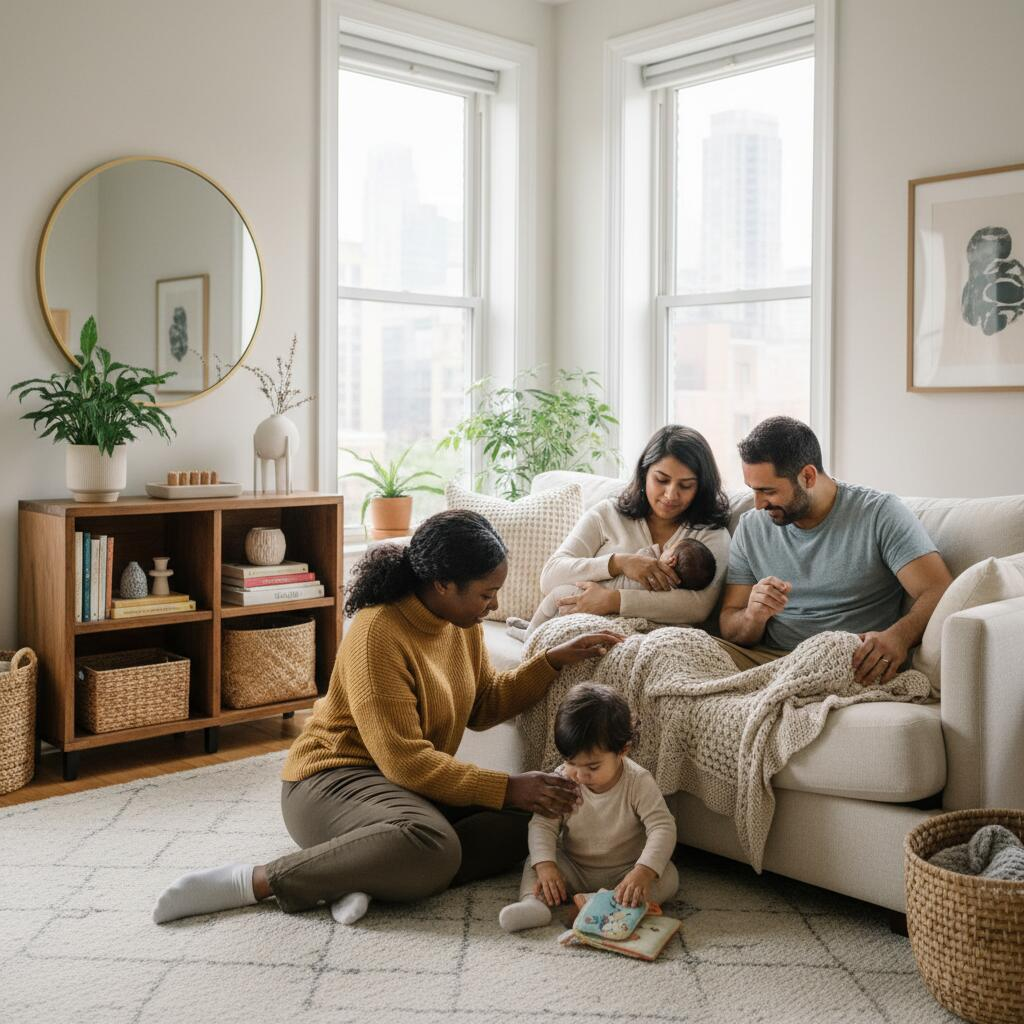 Postpartum doula providing newborn care support to a new mother in a Chicago apartment
