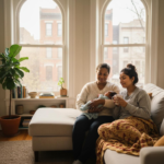 Postpartum doula providing newborn care support to new mother in Chicago apartment
