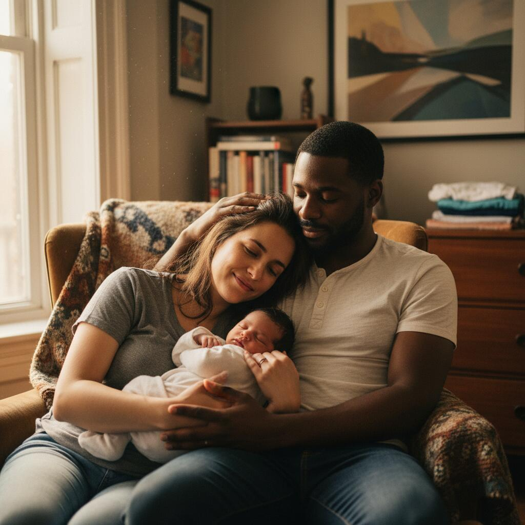 Postpartum doula providing newborn care support to new mother in Chicago apartment