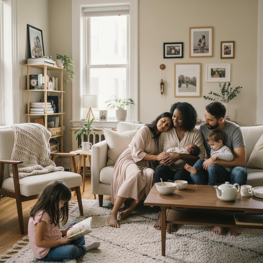 Postpartum doula providing newborn care support to new mother in Chicago apartment