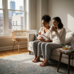 Doula holding newborn while supporting mother with tea in a Chicago apartment living room