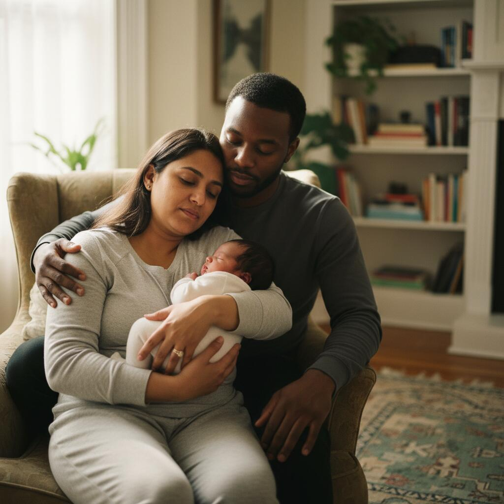 Doula holding newborn while supporting mother with tea in a Chicago apartment living room