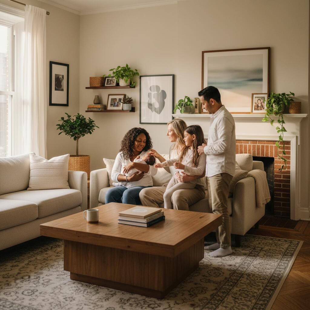 Doula holding newborn while supporting mother with tea in a Chicago apartment living room