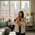 Postpartum doula holding newborn baby in Chicago apartment while mother rests on couch