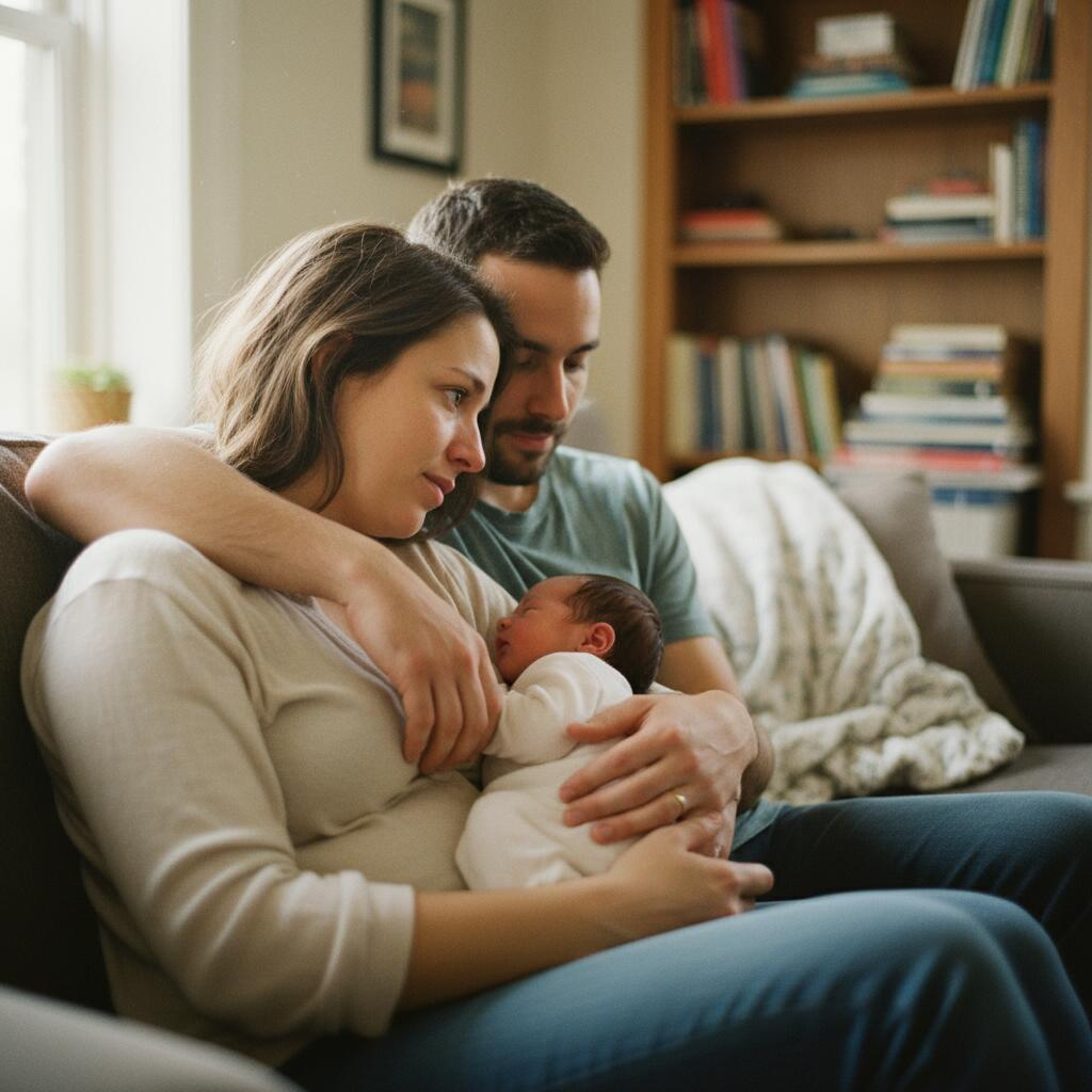 Postpartum doula holding newborn baby in Chicago apartment while mother rests on couch