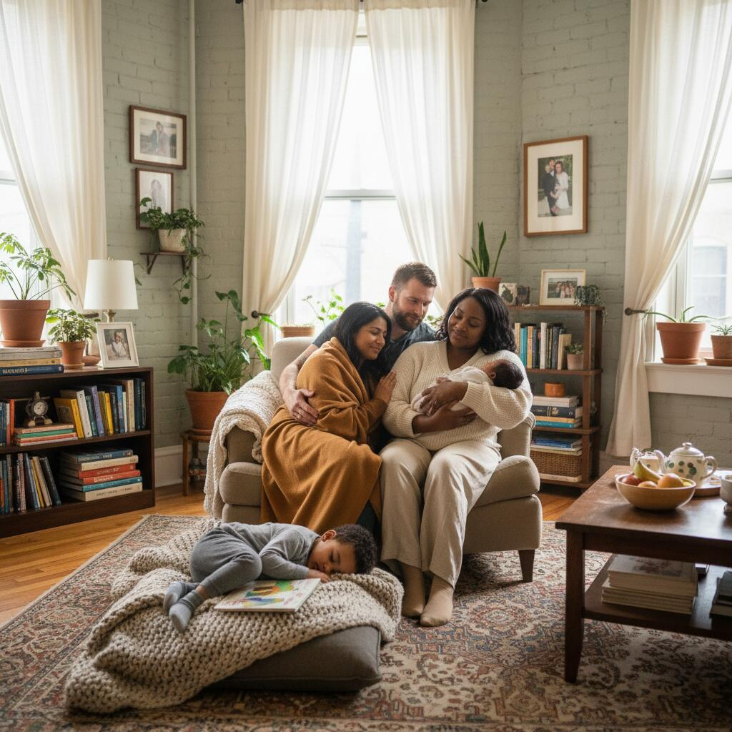Postpartum doula holding newborn baby in Chicago apartment while mother rests on couch