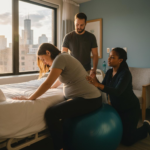 Birth doula providing hands-on labor support to woman in Chicago hospital room during active labor