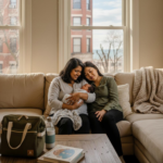 Postpartum doula holding newborn baby while sitting with new mother on sofa in Chicago apartment
