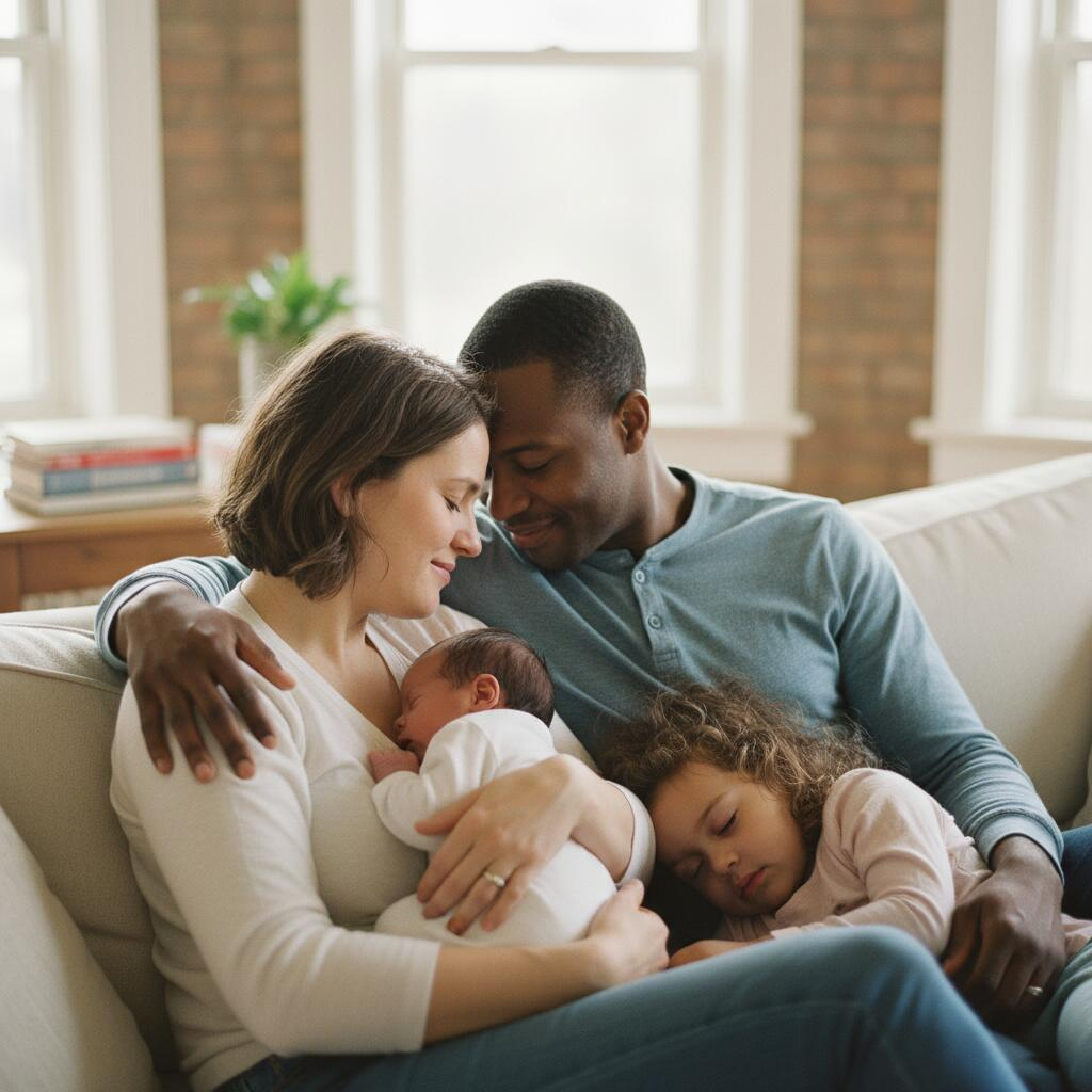 Postpartum doula holding newborn baby while sitting with new mother on sofa in Chicago apartment