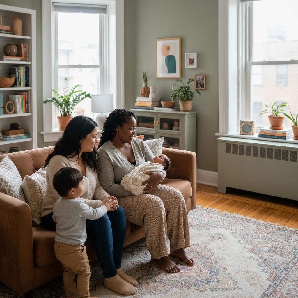 Postpartum doula holding newborn baby while sitting with new mother on sofa in Chicago apartment
