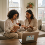 Chicago mother holding newborn while doula explains postpartum care and insurance reimbursement options in sunlit apartment