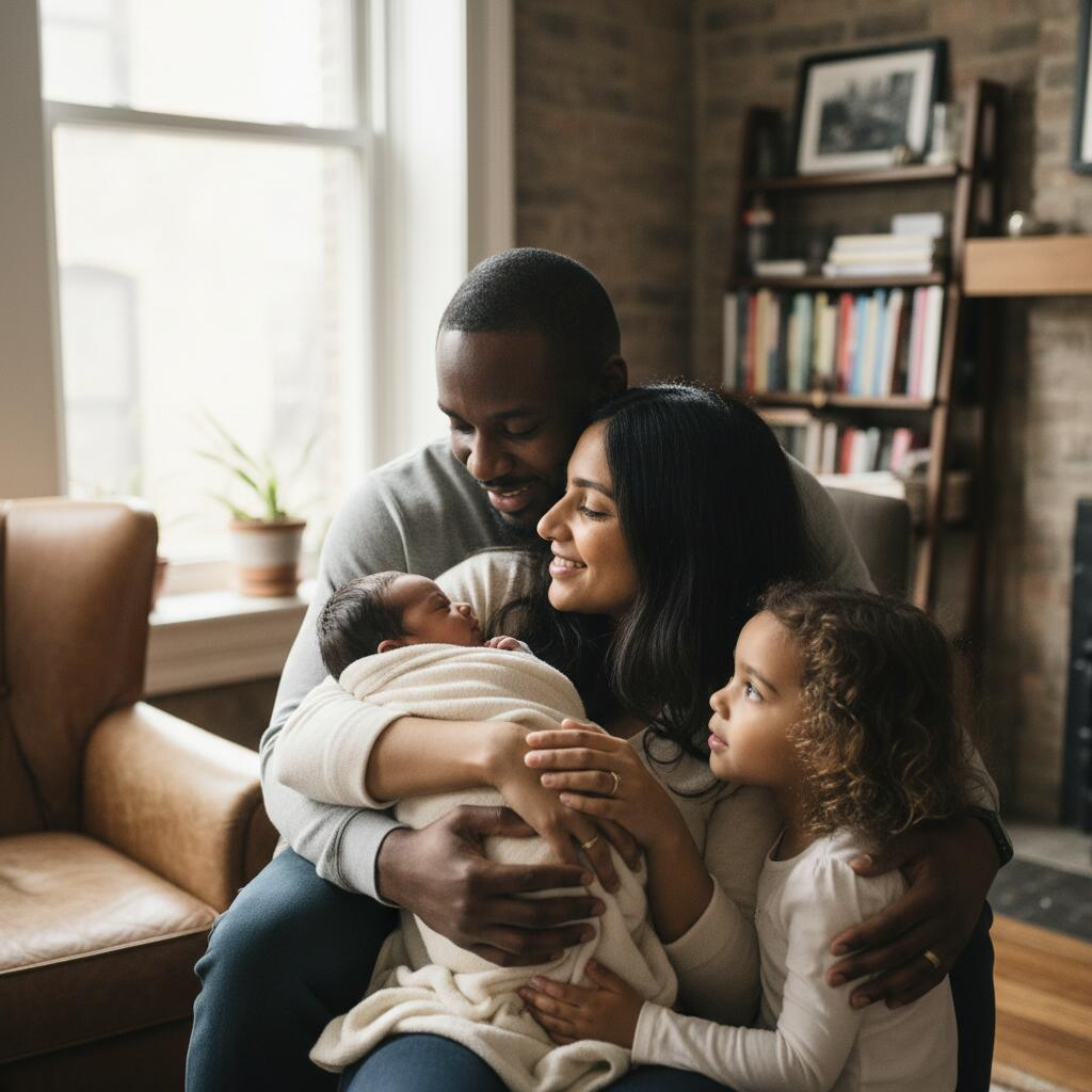 Chicago mother holding newborn while doula explains postpartum care and insurance reimbursement options in sunlit apartment