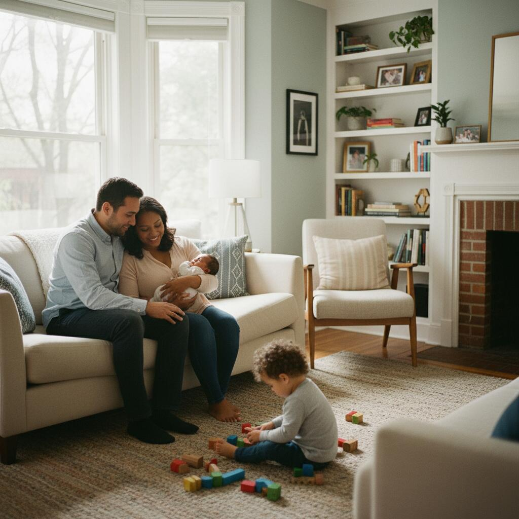 Chicago mother holding newborn while doula explains postpartum care and insurance reimbursement options in sunlit apartment